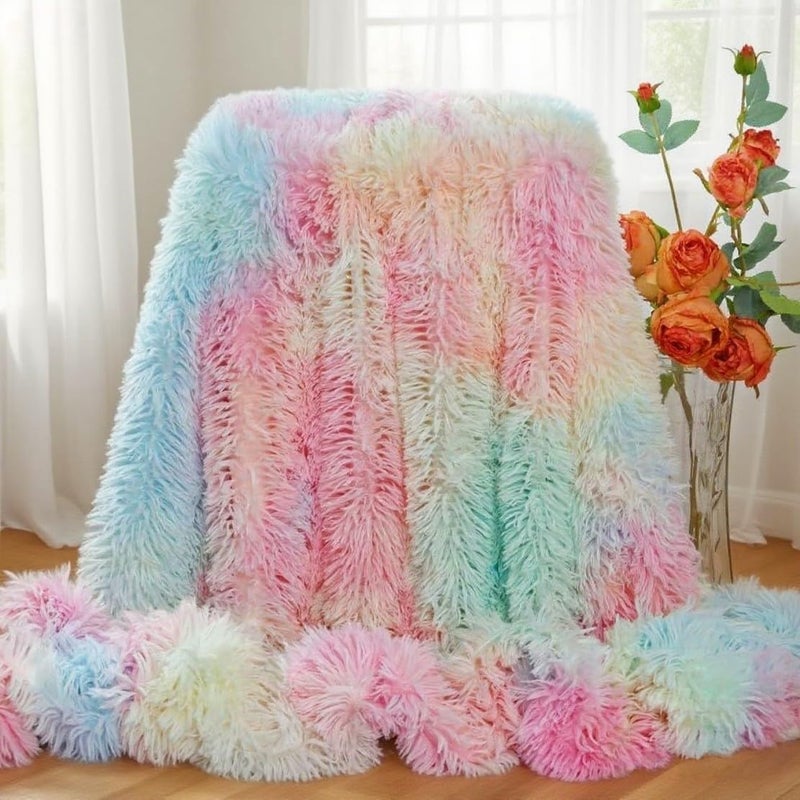 MYRU Plush Super Soft Blanket Colorful Bedding Sofa Cover Furry Fuzzy Fur Warm Throw Qulit Cozy Couch Blanket for Winter (63"x79", Rainbow) - Image 1